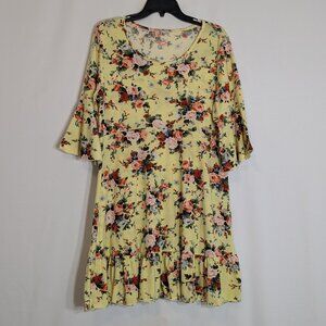 MISSUFE Yellow/Red Floral Stretch Knit Boho Short Dress; Size XL
